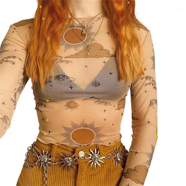women's t-shirt 2021 fashion creative pattern print women gothic mesh summer long sleeve crop o neck sheer ropa de mujer, White
women's t-shirt 2021 fashion creative pattern print women gothic mesh summer long sleeve crop o neck sheer ropa de mujer, White