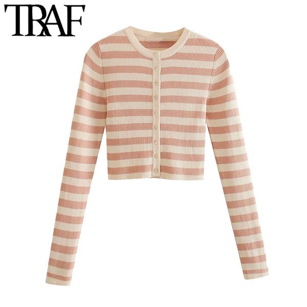 traf women fashion striped cropped knitted cardigan sweater vintage o neck long sleeve female outerwear chic 210415, White;black
traf women fashion striped cropped knitted cardigan sweater vintage o neck long sleeve female outerwear chic 210415, White;black