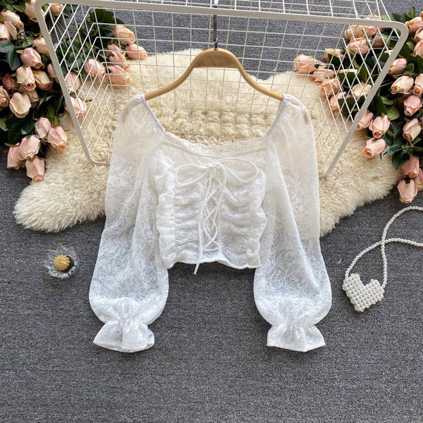women's knits & tees women fashion lace square collar folds chiffon shirt long sleeve solid color short blusa feminina b, White 
women's knits & tees women fashion lace square collar folds chiffon shirt long sleeve solid color short blusa feminina b, White