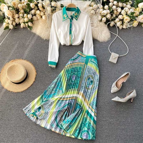 spring fashion runway midi skirt sets women's long sleeve contrast color green white shirt and pleated skirts two piece suit 211101
spring fashion runway midi skirt sets women's long sleeve contrast color green white shirt and pleated skirts two piece suit 211101