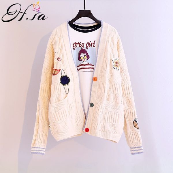 h.sa women thick warm knit v neck colorful button up chic moon embroidery loose sweater cardigans 210417, White;black
h.sa women thick warm knit v neck colorful button up chic moon embroidery loose sweater cardigans 210417, White;black