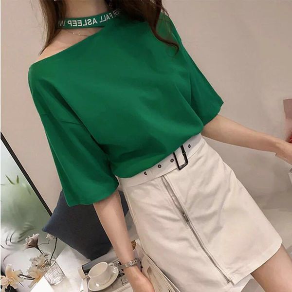 women's t-shirt easycore fashion letter halter-neck solid color cotton girl korean style off-shoulder summer clothes, White
women's t-shirt easycore fashion letter halter-neck solid color cotton girl korean style off-shoulder summer clothes, White