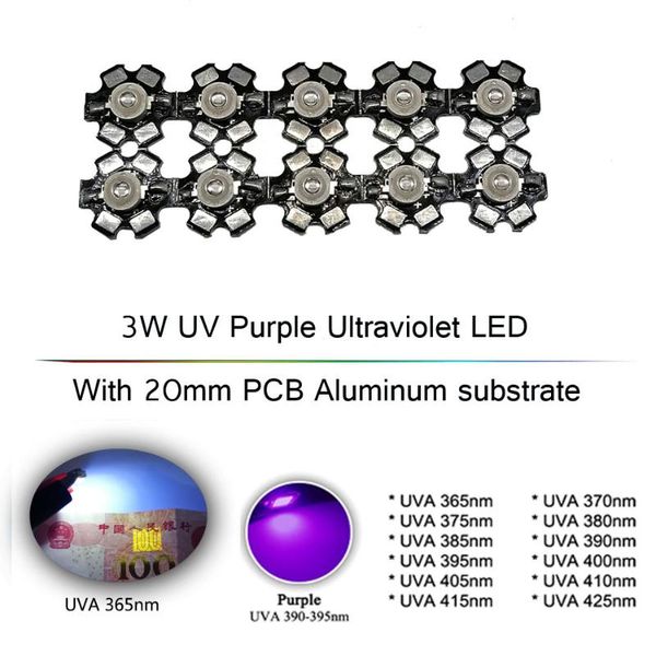 light beads 3w uv purple led ultraviolet bulbs lamp chips 365nm 375nm 380nm 385nm 395nm 405nm 410nm 420nm with 20mm pcb aluminum substrate
light beads 3w uv purple led ultraviolet bulbs lamp chips 365nm 375nm 380nm 385nm 395nm 405nm 410nm 420nm with 20mm pcb aluminum substrate
