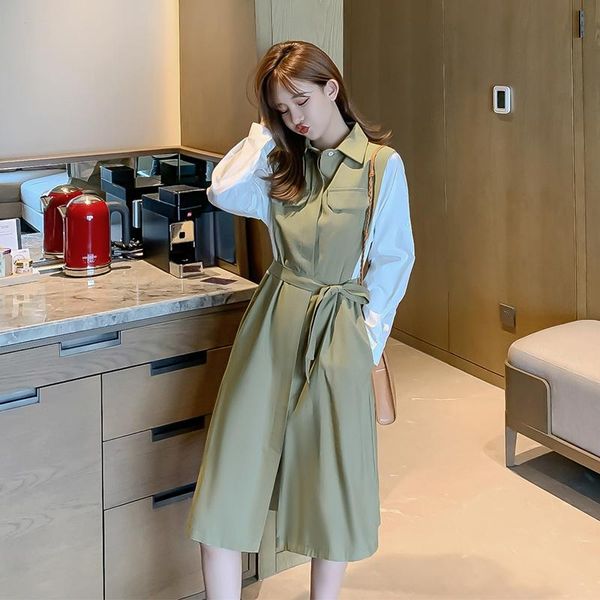casual dresses early autumn small lapel dress stitching high waist bow belt slim long-sleeved straps long women's vestidos largos, Black;gray
casual dresses early autumn small lapel dress stitching high waist bow belt slim long-sleeved straps long women's vestidos largos, Black;gray