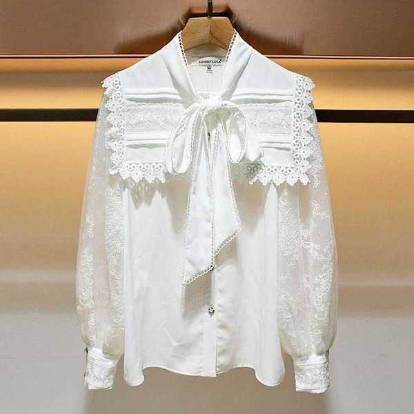 spring lace hook-and-flower sailor collar bow patchwork full white shirt women 210615
spring lace hook-and-flower sailor collar bow patchwork full white shirt women 210615
