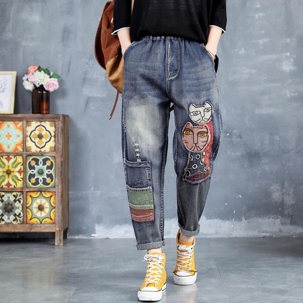 arrival in spring from women's elastic waistline vintage kitty embroidered loose womens cotton jeans denigrate s649 pants, Blue
arrival in spring from women's elastic waistline vintage kitty embroidered loose womens cotton jeans denigrate s649 pants, Blue