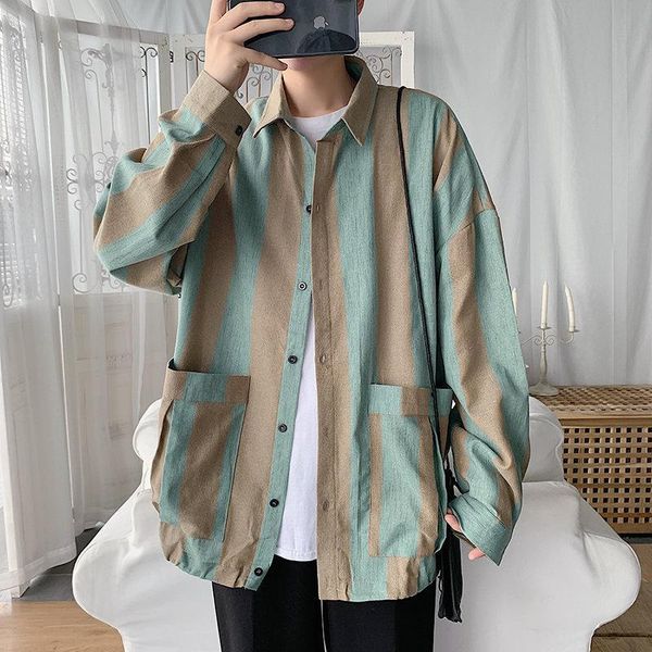 men's casual shirts striped men patchwork safari style big pockets long sleeve work shirt 2021, White;black
men's casual shirts striped men patchwork safari style big pockets long sleeve work shirt 2021, White;black