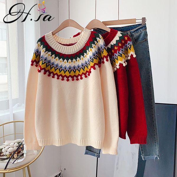h.sa women's oversized oneck retro vintage knit pull sweaters winter fashion christmas sweater chic tassle jumper 210417, White;black
h.sa women's oversized oneck retro vintage knit pull sweaters winter fashion christmas sweater chic tassle jumper 210417, White;black