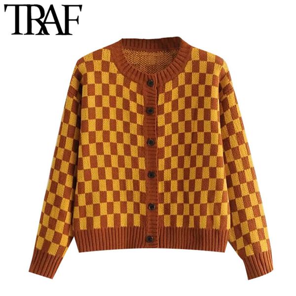 traf women fashion loose check knitted cardigan sweater vintage long sleeve button-up female outerwear chic 210415, White;black
traf women fashion loose check knitted cardigan sweater vintage long sleeve button-up female outerwear chic 210415, White;black
