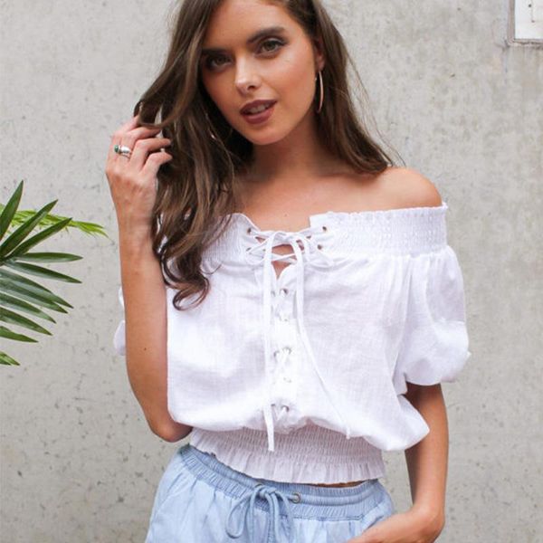 summer 2021 off shoulder slash neck women blouse ruffle lace up white crop bandage short blusas women's blouses & shirts
summer 2021 off shoulder slash neck women blouse ruffle lace up white crop bandage short blusas women's blouses & shirts