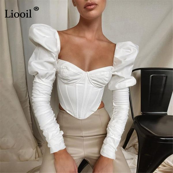 liooil black white puff sleeve short women blouse fall 2021 streetwear square collar bodycon womens and blouses women's & shirts