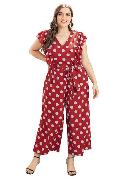 bofute plus size women's ruffled polka dot wide-leg jumpsuit sq0151, Black