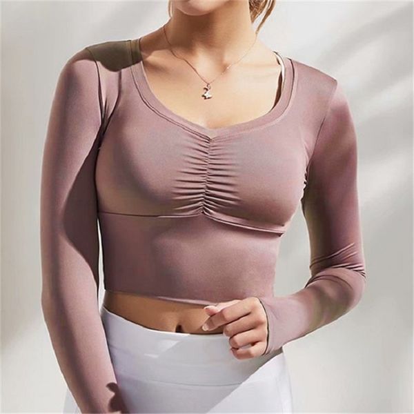 full solid casual sports long-sleeved t-shirts for women's autumn o neck shirring slimming short t-shirt clothing women 210517, White
full solid casual sports long-sleeved t-shirts for women's autumn o neck shirring slimming short t-shirt clothing women 210517, White