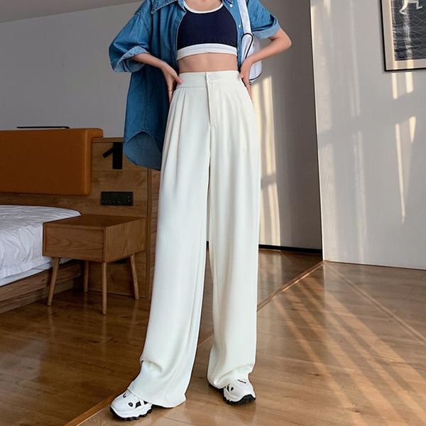 women's pants & capris solid lengthen wide leg high waist loose straight trousers for female 2021 spring summer casual mopping pant, Black;white 
women's pants & capris solid lengthen wide leg high waist loose straight trousers for female 2021 spring summer casual mopping pant, Black;white