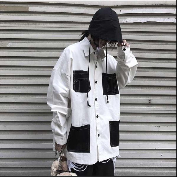 women shirts shirt block contrast pocket streetwear loose plus size harajuku punk hip hop korean blouse, White
women shirts shirt block contrast pocket streetwear loose plus size harajuku punk hip hop korean blouse, White