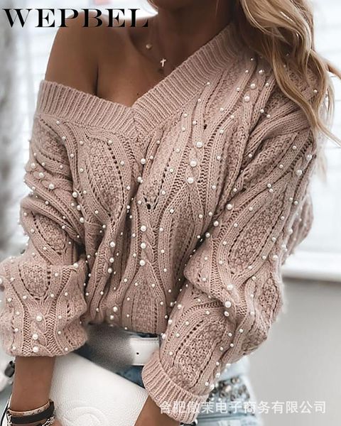 autumn sweater women's solid color v-neck beading winter long-sleeved off-shoulder loose pullovers knitted sweaters, White;black 
autumn sweater women's solid color v-neck beading winter long-sleeved off-shoulder loose pullovers knitted sweaters, White;black