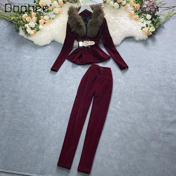 women's two piece pants elegant long sleeve furry collar sashes jacket outwear 2021 fall high end coat female two-piece suit, White
women's two piece pants elegant long sleeve furry collar sashes jacket outwear 2021 fall high end coat female two-piece suit, White