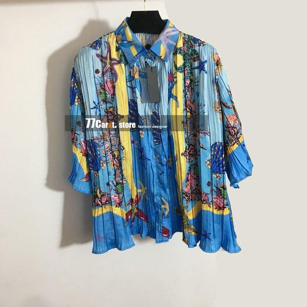 women's blouses & shirts summer fashion style ladies shell and starfish print folds turn-down collar women blouse button up shi, White
women's blouses & shirts summer fashion style ladies shell and starfish print folds turn-down collar women blouse button up shi, White