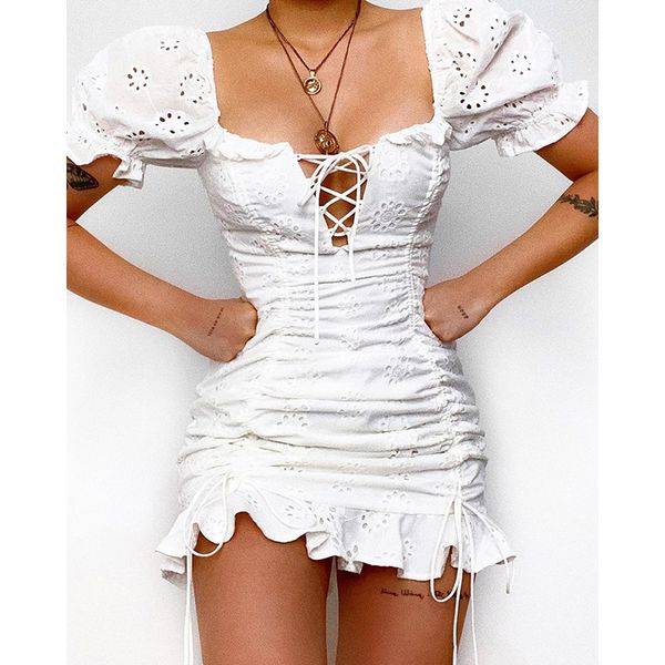 women elegant slim fit ruffled hem mini dress lace-up hollow-out design puff sleeve ruched bodycon dress, White;black
women elegant slim fit ruffled hem mini dress lace-up hollow-out design puff sleeve ruched bodycon dress, White;black