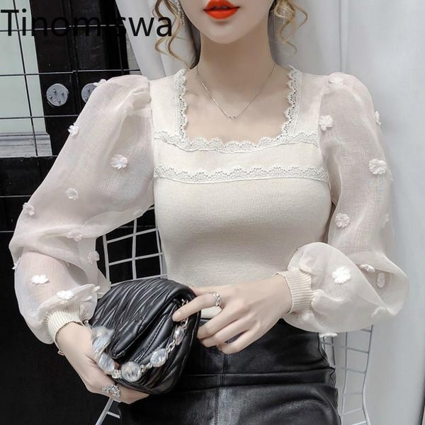 tinomiswa 3d flower gauze patchwork blouse women square collar long sleeve shirts slim fit korean style female blusas mujer women's bl, White
tinomiswa 3d flower gauze patchwork blouse women square collar long sleeve shirts slim fit korean style female blusas mujer women's bl, White
