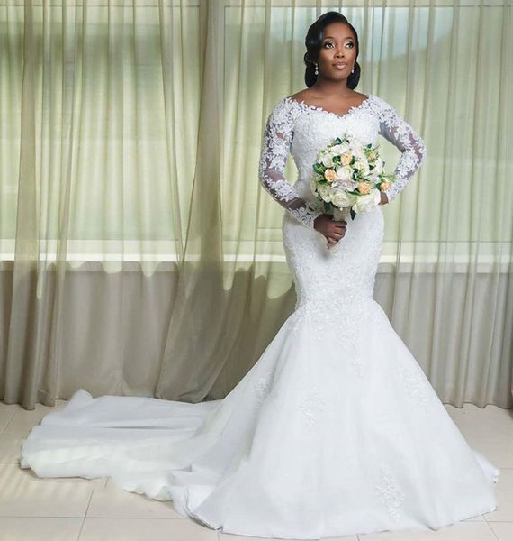 scoop neck long sleeves lace mermaid wedding dresses appliqued court train tulle plus size bridal gowns mobe de mariée, White
scoop neck long sleeves lace mermaid wedding dresses appliqued court train tulle plus size bridal gowns mobe de mariée, White