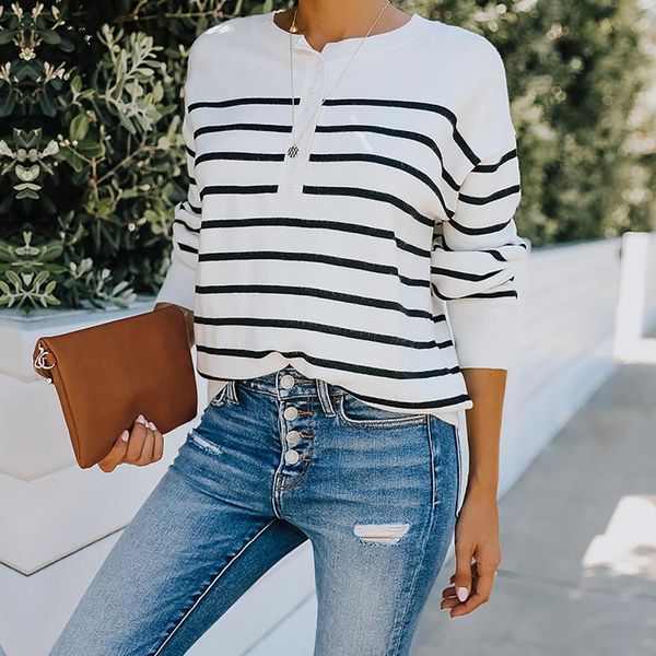 women's t-shirt european and american loose long sleeve striped sweater in autumn winter 2021, White
women's t-shirt european and american loose long sleeve striped sweater in autumn winter 2021, White