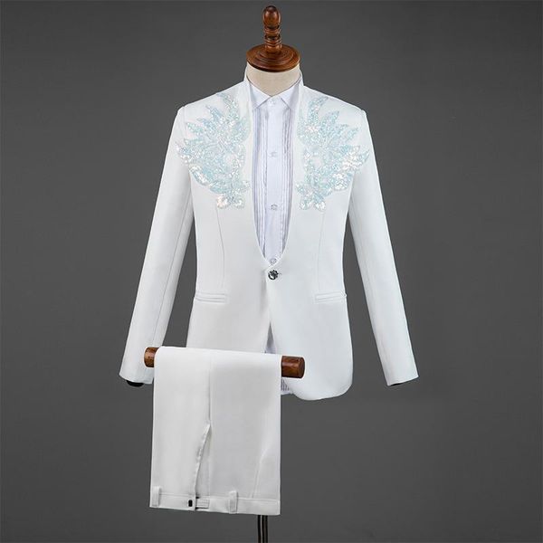 men's suits & blazers wedding suit performance male host dress stand collar singer stage men sequined tuxedo traje novio 2021, White;black
men's suits & blazers wedding suit performance male host dress stand collar singer stage men sequined tuxedo traje novio 2021, White;black