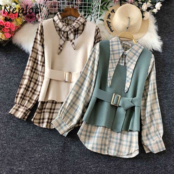 neploe spring slim 2 pcs women set turn down collar long sleeve plaid shirt + slim waist sashes sleeveless vest vintage suit 210423, White
neploe spring slim 2 pcs women set turn down collar long sleeve plaid shirt + slim waist sashes sleeveless vest vintage suit 210423, White