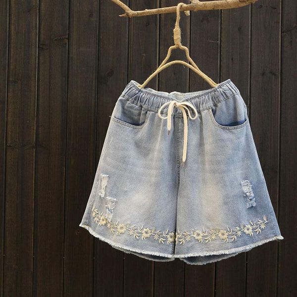 women's jeans 6157 summer women japan style hole embroidery denim shorts drawstring elastic waist high straight short pants, Blue
women's jeans 6157 summer women japan style hole embroidery denim shorts drawstring elastic waist high straight short pants, Blue