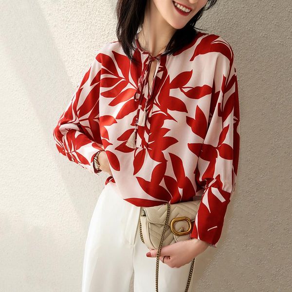 women's blouses & shirts 100% silk blouse women vintage design leaf printed neckline tassel tie lace long sleeve pullover fashion sprin, White
women's blouses & shirts 100% silk blouse women vintage design leaf printed neckline tassel tie lace long sleeve pullover fashion sprin, White