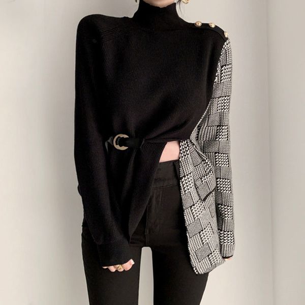 spring loose turtle neck long-sleeved women patchwork plaid asymmetrical lace up pullover knitted sweater 8q942 210510, Black;white
spring loose turtle neck long-sleeved women patchwork plaid asymmetrical lace up pullover knitted sweater 8q942 210510, Black;white