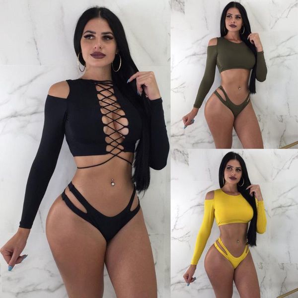 women's swimwear hirigin 2021 long sleeve thong bikini bandage women tankini push up padded swimsuit pure color bathing suit, White;black
women's swimwear hirigin 2021 long sleeve thong bikini bandage women tankini push up padded swimsuit pure color bathing suit, White;black