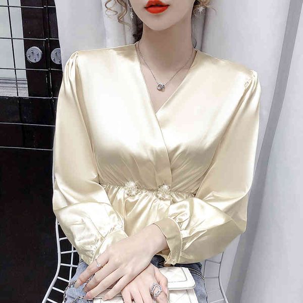 korean silk blouse women v-neck satin blouses for long sleeve shirt beading waist plus size 210427, White
korean silk blouse women v-neck satin blouses for long sleeve shirt beading waist plus size 210427, White