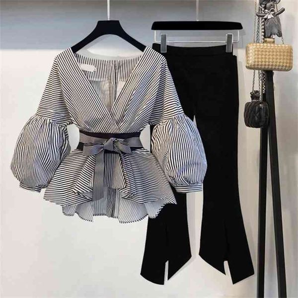 spring summer striped bow lantern sleeve blouse women's pants set + black split flare two pieces 210519, White
spring summer striped bow lantern sleeve blouse women's pants set + black split flare two pieces 210519, White