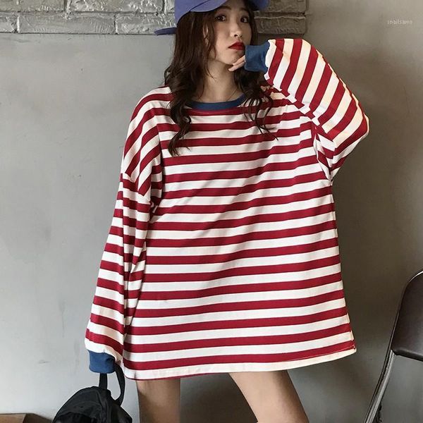 women's t-shirt autumn harajuku women o-neck striped casual long sleeve fashion, White
women's t-shirt autumn harajuku women o-neck striped casual long sleeve fashion, White