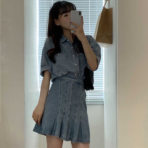 two piece dress korean style clothes women denim shirt and short pleated skirt 2 set casual outfits 67ia, White
two piece dress korean style clothes women denim shirt and short pleated skirt 2 set casual outfits 67ia, White