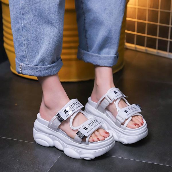 slippers letter decoration casual platform women open toe thick sole sandals summer outdoor leisure wedge 2021, Black