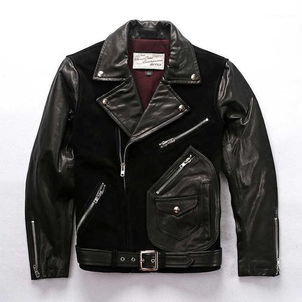 men's leather & faux patchwork motorcycle jacket with belt lapel zipper double color genuine biker men coat, Black
men's leather & faux patchwork motorcycle jacket with belt lapel zipper double color genuine biker men coat, Black