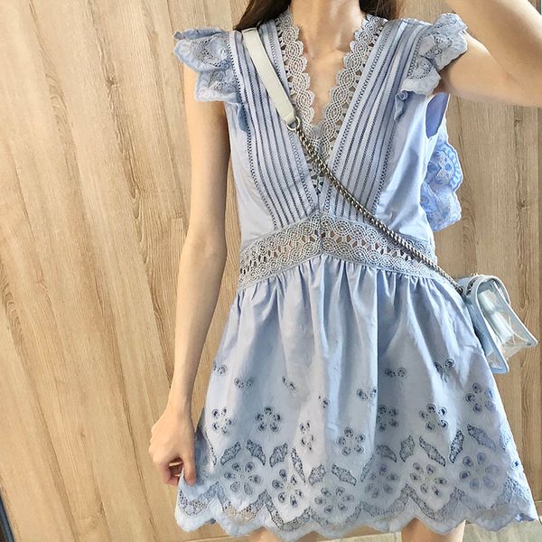a line fashion blue flower embroidery women's sleeveless ruffles v-neck lace trims hollow out short es, Black;gray
a line fashion blue flower embroidery women's sleeveless ruffles v-neck lace trims hollow out short es, Black;gray