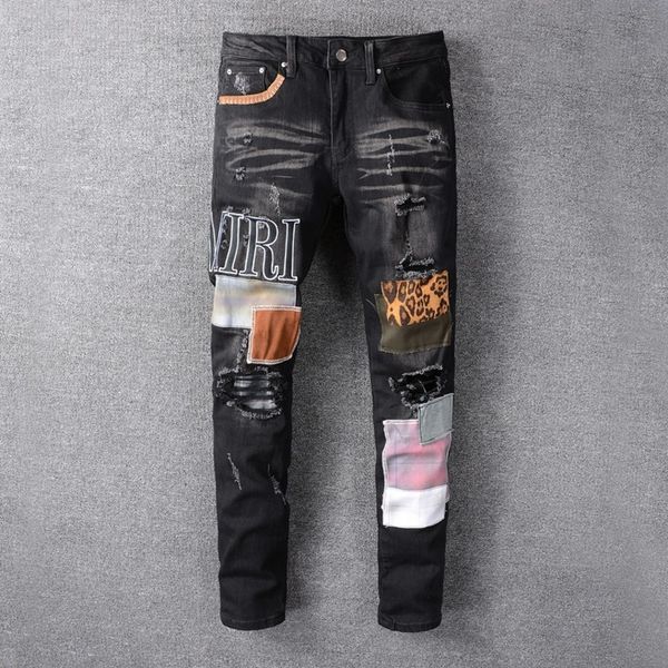 men's hip hop black patch embroidered elastic tight jeans, urban fashion, novelty in summer, Blue
men's hip hop black patch embroidered elastic tight jeans, urban fashion, novelty in summer, Blue