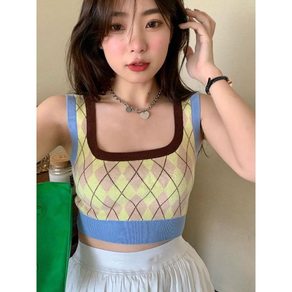women's t-shirt ins plaid sleeveless crop square collar clothing vintage summer style female tees fashion knitted t shirts slim, White
women's t-shirt ins plaid sleeveless crop square collar clothing vintage summer style female tees fashion knitted t shirts slim, White