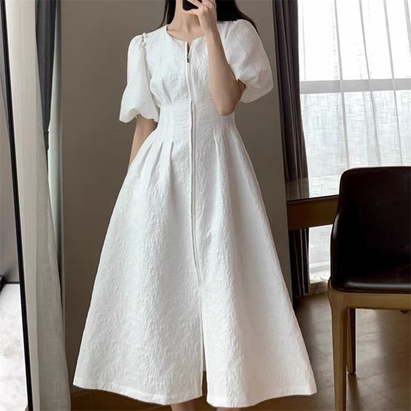 french vintage white long dress women puff sleeves zipper front a line slim party summer robe elegant vestidos 210514, Black;gray
french vintage white long dress women puff sleeves zipper front a line slim party summer robe elegant vestidos 210514, Black;gray