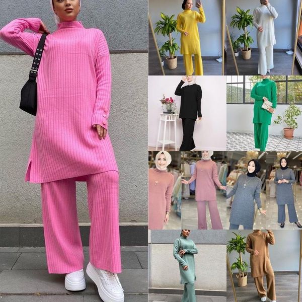 women's two piece pants knitted sweater set pullover half high collar loose muslim wide-leg suit, White
women's two piece pants knitted sweater set pullover half high collar loose muslim wide-leg suit, White