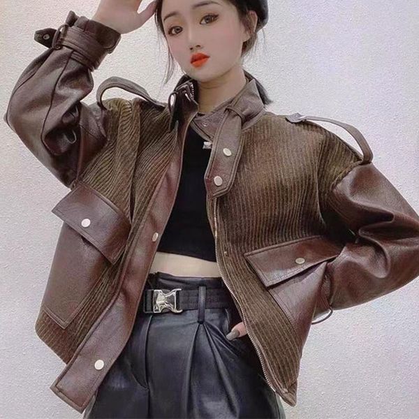 women's leather & faux hstar corduroy stitching pu jacket autumn winter trend korean style thicken short motorcycle, Black
women's leather & faux hstar corduroy stitching pu jacket autumn winter trend korean style thicken short motorcycle, Black