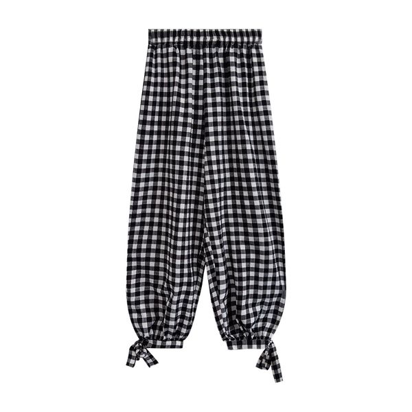 women elastic waist pocket casual ankle-length pockets loose plaid pants lace up p0034 210514, Black;white
women elastic waist pocket casual ankle-length pockets loose plaid pants lace up p0034 210514, Black;white