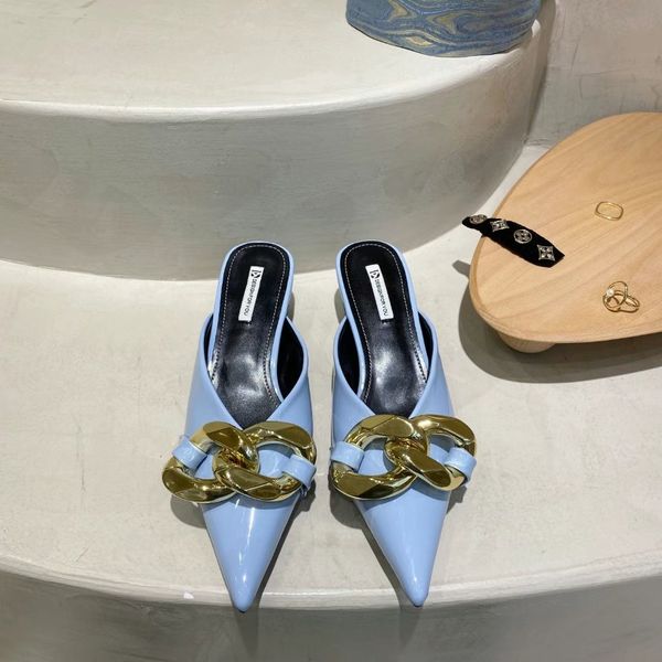 slippers pointed toe women sandals thin mid heels shallow slip on mules shoes solid color metal chain fashion outdoor slides bq58, Black
slippers pointed toe women sandals thin mid heels shallow slip on mules shoes solid color metal chain fashion outdoor slides bq58, Black