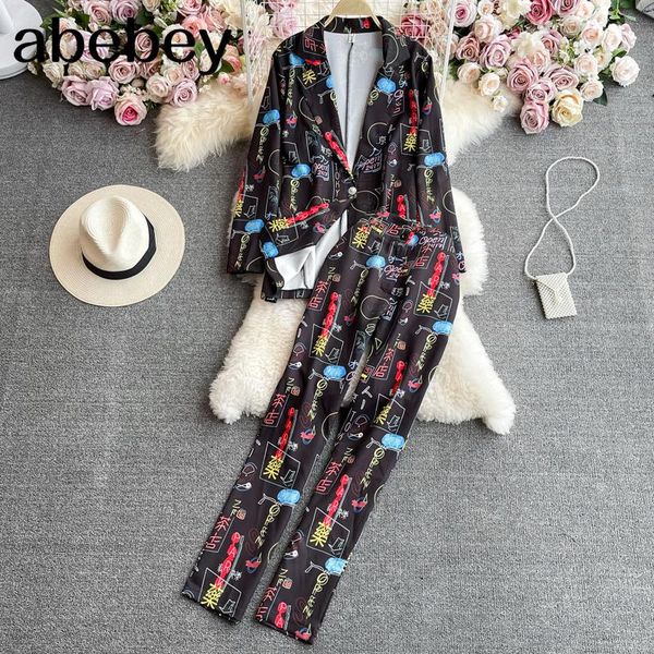 women's two piece pants 2021 spring autumn korean suit collar long sleeve mid-length graffiti print + high waist casual two-piece set, White
women's two piece pants 2021 spring autumn korean suit collar long sleeve mid-length graffiti print + high waist casual two-piece set, White
