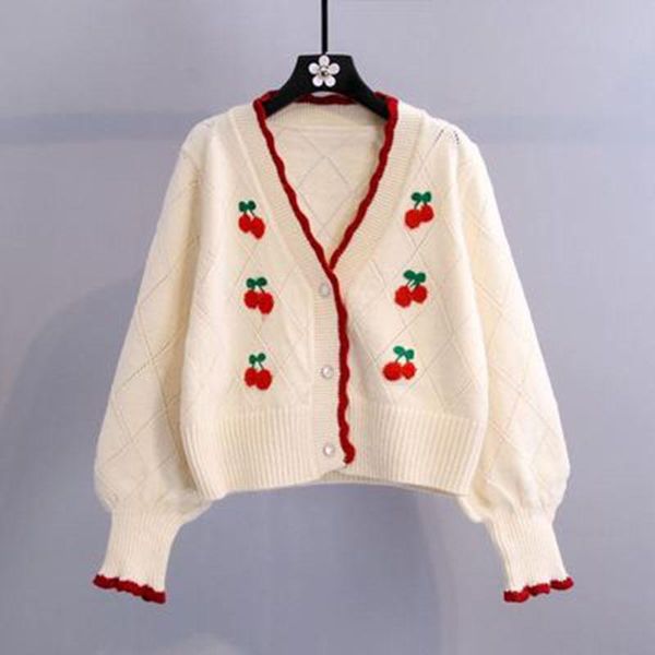 women's knits & tees cherry embroidered cardigan women 2021 sweet cute v neck knit wear kawaii autum winter puff sleeve sweaters, White
women's knits & tees cherry embroidered cardigan women 2021 sweet cute v neck knit wear kawaii autum winter puff sleeve sweaters, White