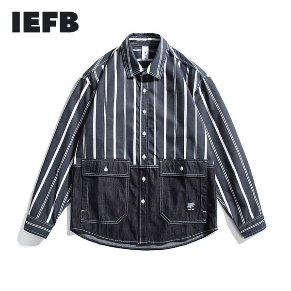 iefb spring contrast color striped denim workwear shirts for men casual loose long sleeve blouse y6072 210524, White;black
iefb spring contrast color striped denim workwear shirts for men casual loose long sleeve blouse y6072 210524, White;black