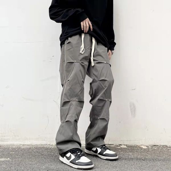 new spring pleated button casual trousers men and women drawstring wide leg vibe style ruched track pants loose hip hop overalls, Black
new spring pleated button casual trousers men and women drawstring wide leg vibe style ruched track pants loose hip hop overalls, Black